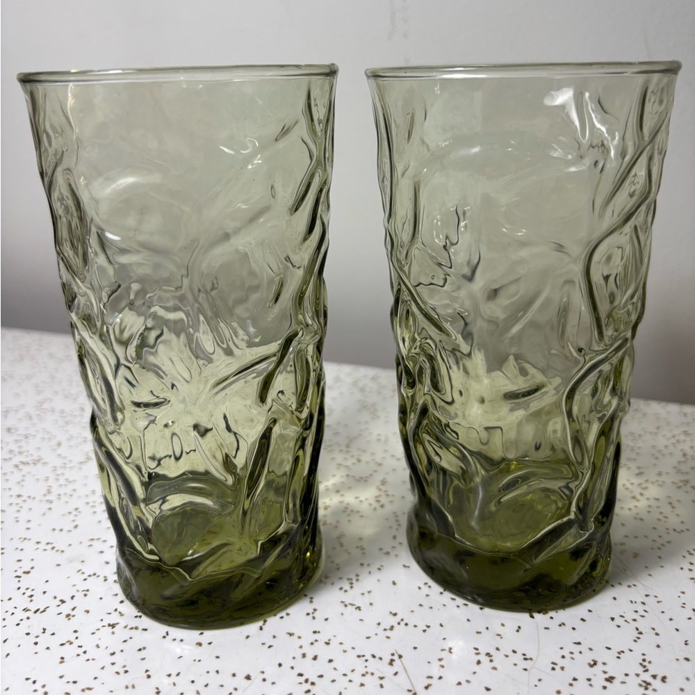 Set of 2 vintage Libbey Aztec olive green crinkle glass tumblers